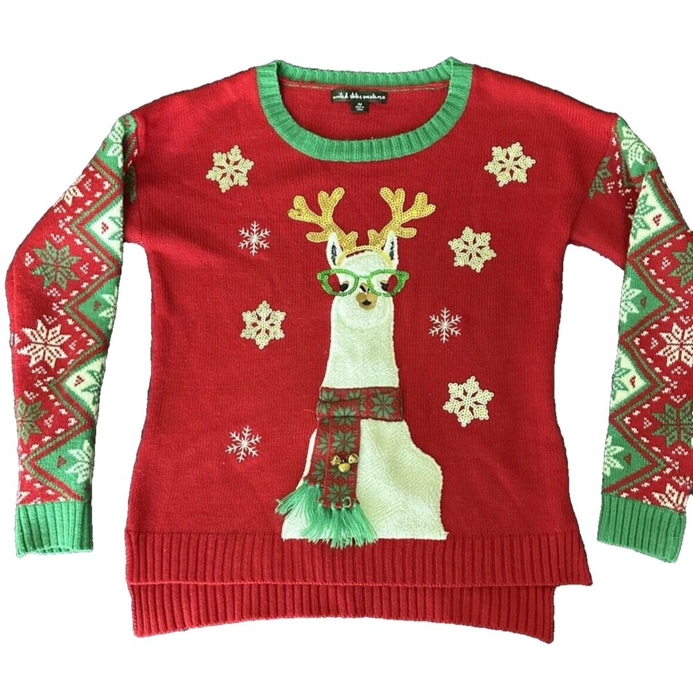 Womens Llama with Scarf Jingle Bells and Snowflakes Christmas Sweater Size Med